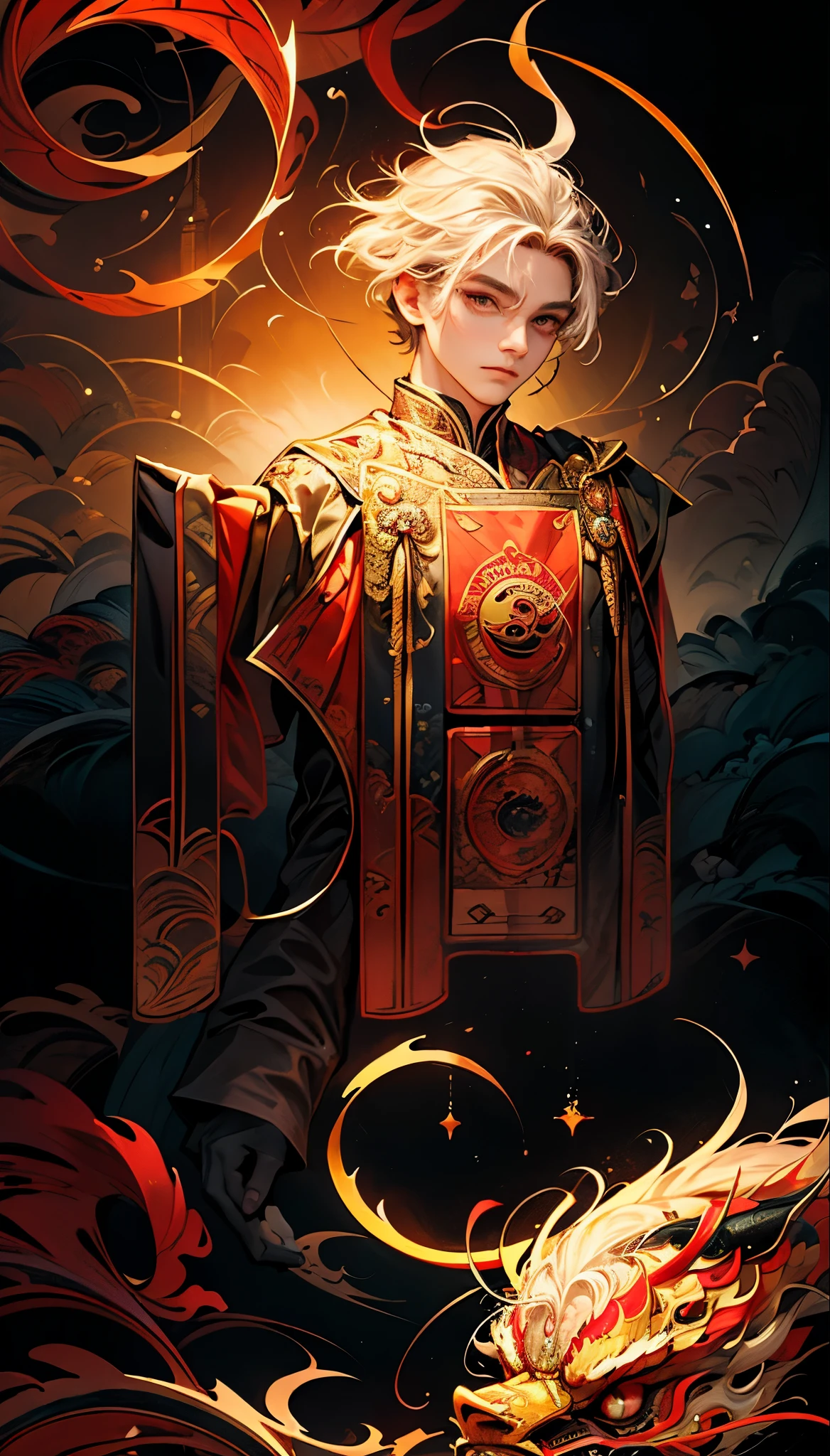 CNY, actual, (masterpiece, top quality, best quality, official art, Beautiful and beautiful:1.2), Very detailed, fractal art, rich and colorful, most detailed, Zentangle, (abstract background:1.6), (1 boy:1.8), silver hair, Bright Eyes, comb hair back, short hair, black robe, Golden Chinese dragon, WeChat red envelope,