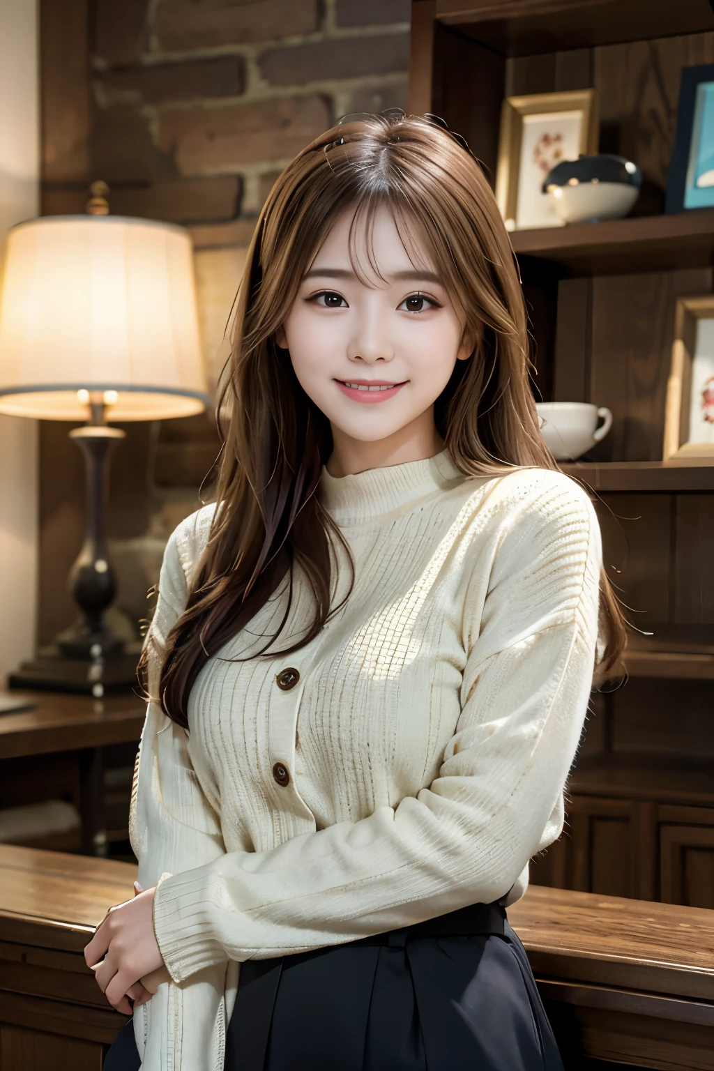 (8K, RAW photo, highest quality, masterpiece:1.3), (realistic, photo-realistic:1.4), (Highly detailed 8K wallpaper), sharp focus, written boundary depth,
japanese idol,So cute,(baby face),sweater, Look at us and smile, Upper body, highly detailed face and eyes,((shiny skin:1.2)), cinematic lighting, soft light, blur background, Bokeh, A quiet reading cafe lined with bookshelves