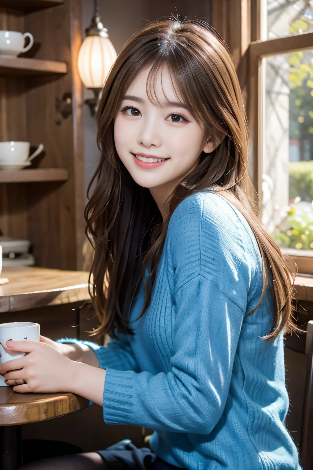 (8K, RAW photo, highest quality, masterpiece:1.3), (realistic, photo-realistic:1.4), (Highly detailed 8K wallpaper), sharp focus, written boundary depth,
japanese idol,So cute,(baby face),sweater, Look at us and smile, Upper body, highly detailed face and eyes,((shiny skin:1.2)), cinematic lighting, soft light, blur background, Bokeh, A quiet reading cafe lined with bookshelves