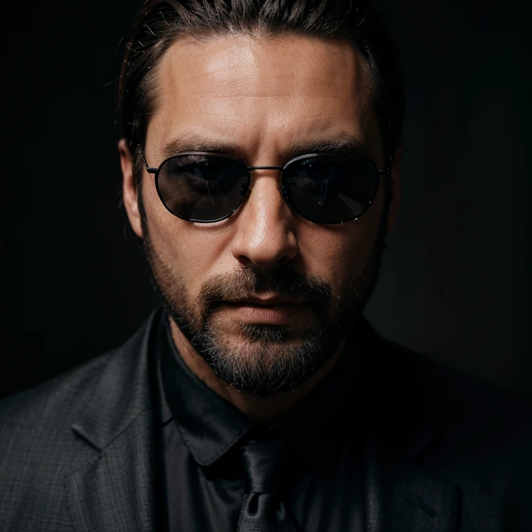 a portrait of a man dressed in a black suit, 40 years old Alone, with black sunglasses and beard, detailed face, high details, photography, dark studio, Rim light, Nikon D850, 50mm, f/1.4
