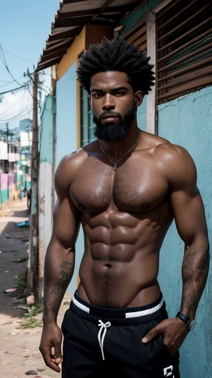 um homem branco, com cabelo negros, Medium Jaw Beard, peitoral peludo, forte, traficante, Pintura de corpo inteiro, shorts tactel preto, torso nu com tatuagem de asas nos ombros, tempos atuais, scenery of a colorful favela in Rio de Janeiro, Height 190 centimeters, Peso 120 quilogramas, olhos negros.
