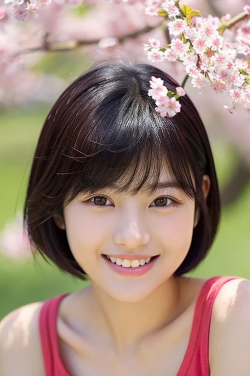 1 girl、whole、smile、Real like a photo、Very short black hair、under the cherry tree、Camisole and hot pants、cat-eyed beautiful girl、18-year-old、healthy dark skin