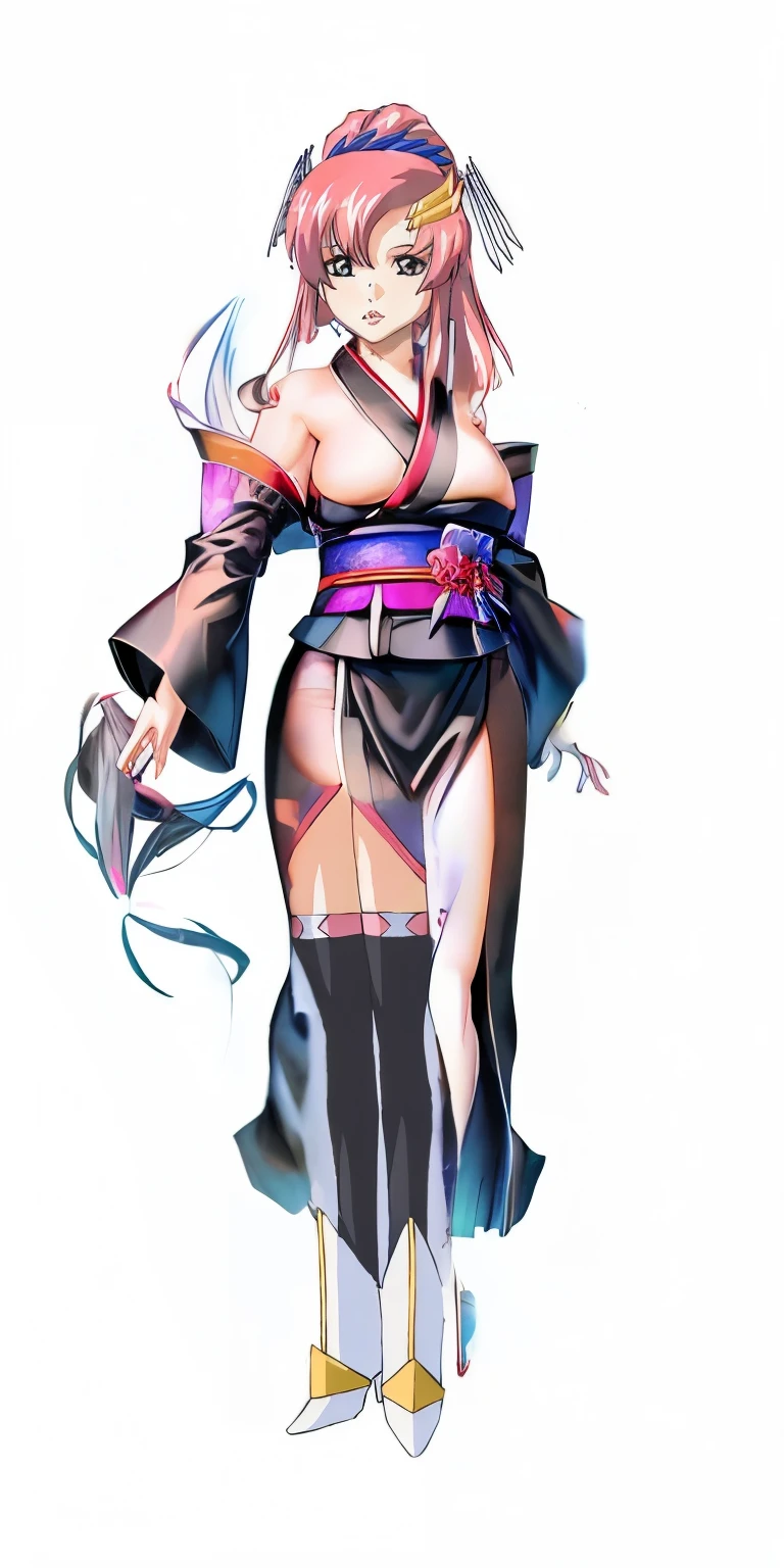 short kimono、black sleeves、No sleeve、kimono、Black kimono、hair ribbon、ponytail、floating hair、eyebrow hair、big breasts