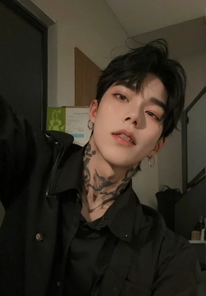 there is a man with a tattoo on his neck taking a selfie, kim doyoung, cai xukun, Jinyoung Shin, pintar ulzzang, kanliu666, jungkook, headshot foto de perfilture, inspirado en Bian Shoumin, hyung tae, handsome japanese demon boy, 1 7-year-old boy with a thin face, hong junio hyung, foto de perfil
