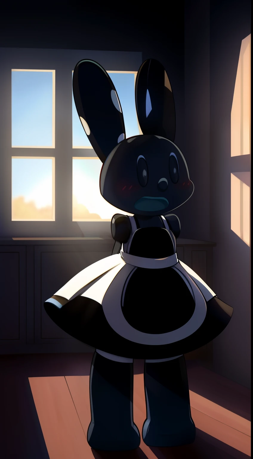 Oswald, armless, missing arms, no arms, black eyes, big and wide mouth, agape, white polka dots on ears, full body, maid dress, shy expression, expressive, blushing harder, dynamic angle, bedroom, window, sunrays, furniture, detailed art, intricate details