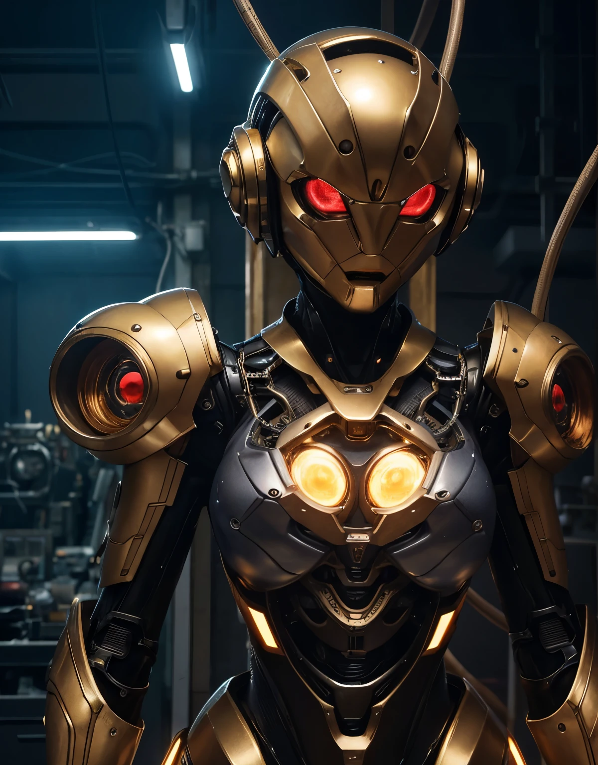 (Background of skimpy mechanical girl and octopus alien)、（Mystical expression）、highest quality、masterpiece、Super high resolution、(Photoreal:1.4)、RAW photo、1 girl、glowing skin、detailed face、(((1 Mechanical Girl)))、Heavy chest、（gold metal bodysuit）、(Natural alien background to fight aliens)、(Small LED)、((Super realistic details))、vertical giant monster background),global illumination、Shadow、octane rendering、24K、super sharp、robotの背景、big breasts、Raw skin exposed in the cleavage、intricate decorative details、Japan details、very intricate details、realistic light、(Mystical expression),CG Society Trenlow Eyes、Eyes shining towards the camera、Mechanical marginal blood vessels connected to neon detail tubes)、(Wires and cables connecting to the head)、Small LED、,mechanical thighs、two stock、（Hands are also made of machines）、robot、future alien、Please wear a mechanical helmet、transparent face guard on helmet、16K,
