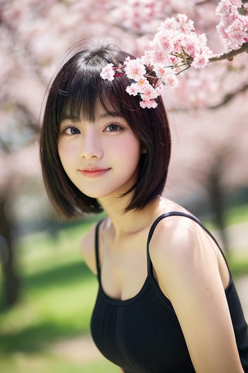 1 girl、Upper body、mischievous look、Real like a photo、Very short black hair、under the cherry tree、Camisole and hot pants、cat-eyed beautiful girl、18-year-old、healthy dark skin