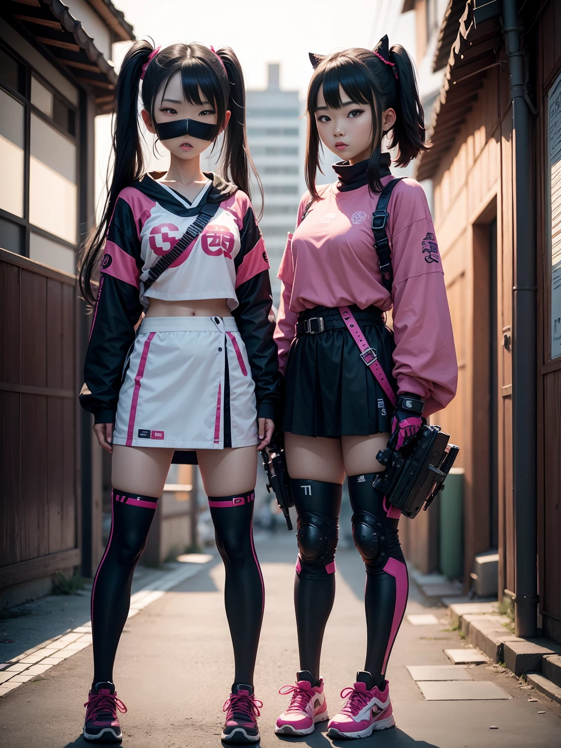 Two 18 year old Japanese girls, fighting , cyberpunk Japanese samurai armor, black tennis shoes, black face mask with eyes visible, determined eyes.,all with neon pink accents.  Standing, front view. Sexy 