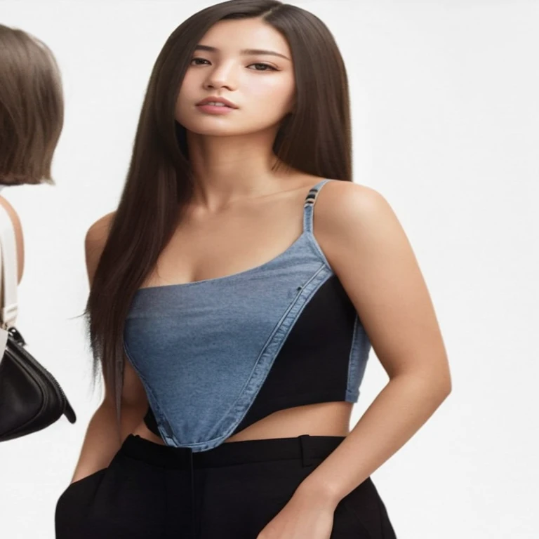 un primer plano de una mujer con un bolso y una mujer con un bolso, vistiendo un top corto sexy, ropa abierta en el pecho, vistiendo una camiseta negra corta, vistiendo una camiseta sin mangas corta negra, vistiendo top corto, usando un top corto, usando un top cortos, foto de modelo chica delgada, vistiendo un traje de camisola negro, croptop, jisoo de blackpink