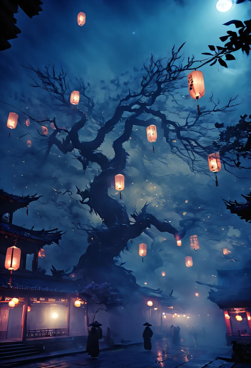 Chinese Ghost Festival，nakahara universe，ghostly aura，Night street chiaroscuro，Detailed depiction of eerie tree branch textures，Transparent ghosts float in the smoke，Lanterns hanging from trees，There are flowers on it, shaded lighting，background bokeh，depth of field，soft light,aesthetic lighting, dim lights，peaceful yet scary atmosphere，Mysterious and dark，Detailed lighting effects，Soft color transitions，Strange place，it&#39;s foggy， Space-time misalignment，reincarnation flip。 turn things upside down，There is no light from the sun or the moon， confusing and ridiculous，nightmare again and again。 Mysterious and unreal，phantom， gothic shadow，shrouded in all directions。 cyberpunk， the dark forest，heterogeneous space， Hidden countless unknown secrets，Forgotten souls wandering in the night。