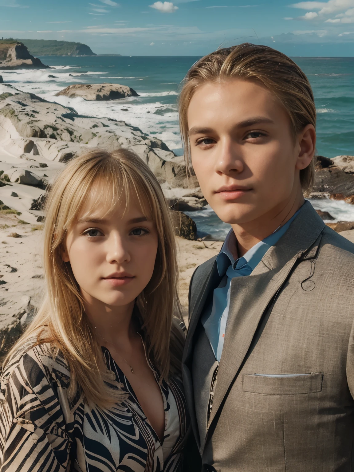 Girl blonde hair with bangs in red dress, boy in suit classic, ocean, sky