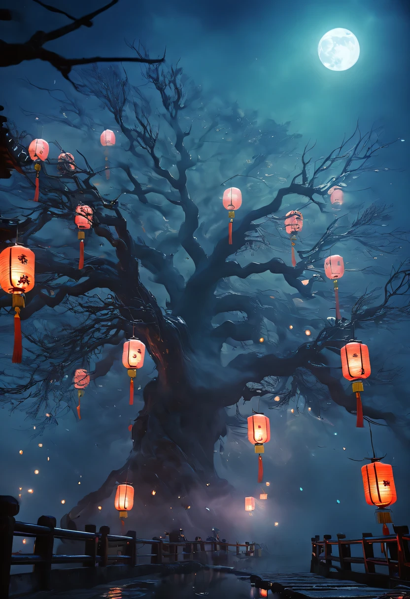 Chinese Ghost Festival，nakahara universe，ghostly aura，Night street chiaroscuro，Detailed depiction of eerie tree branch textures，Transparent ghosts float in the smoke，Lanterns hanging from trees，There are flowers on it, shaded lighting，background bokeh，depth of field，soft light,aesthetic lighting, dim lights，peaceful yet scary atmosphere，Mysterious and dark，Detailed lighting effects，Soft color transitions，Strange place，it&#39;s foggy， Space-time misalignment，reincarnation flip。 turn things upside down，There is no light from the sun or the moon， confusing and ridiculous，nightmare again and again。 Mysterious and unreal，phantom， gothic shadow，shrouded in all directions。 cyberpunk， the dark forest，heterogeneous space， Hidden countless unknown secrets，Forgotten souls wandering in the night。