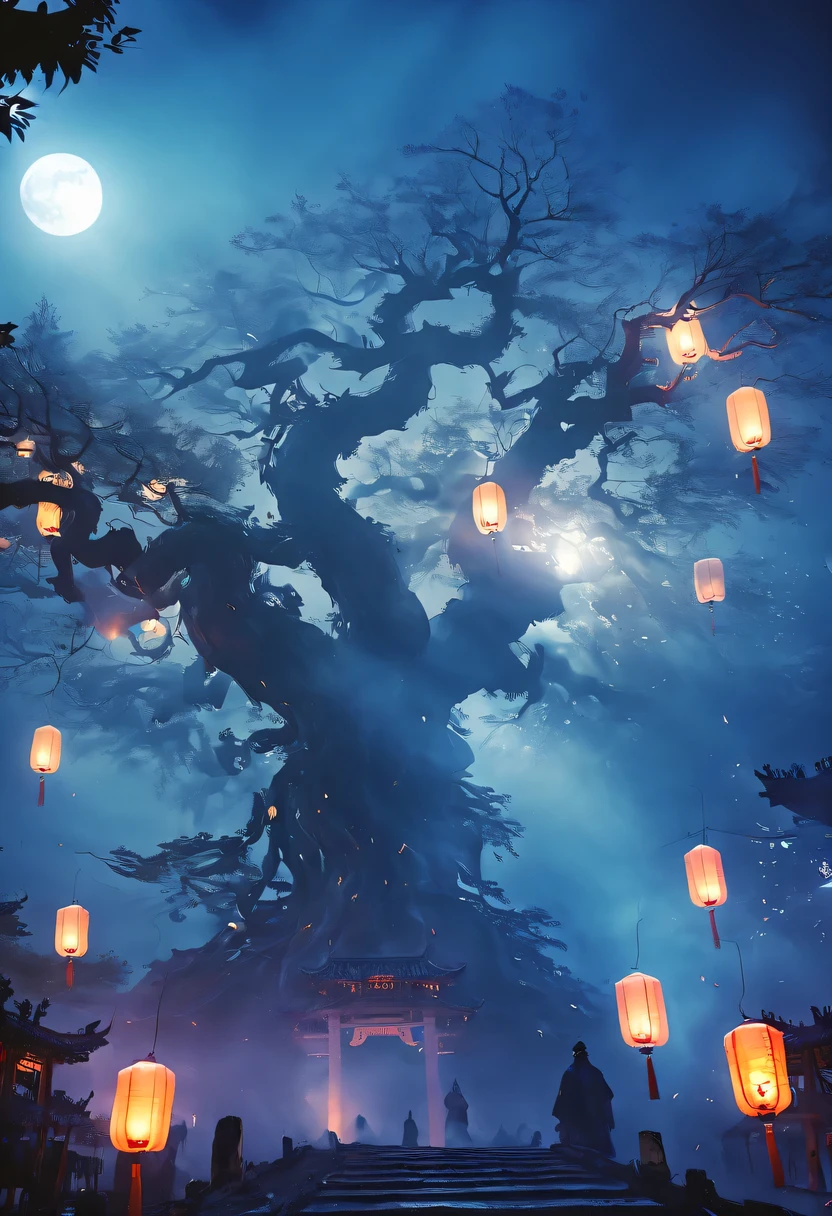 Chinese Ghost Festival，nakahara universe，ghostly aura，Night street chiaroscuro，Detailed depiction of eerie tree branch textures，Transparent ghosts float in the smoke，Lanterns hanging from trees，There are flowers on it, shaded lighting，background bokeh，depth of field，soft light,aesthetic lighting, dim lights，peaceful yet scary atmosphere，Mysterious and dark，Detailed lighting effects，Soft color transitions，Strange place，it&#39;s foggy， Space-time misalignment，reincarnation flip。 turn things upside down，There is no light from the sun or the moon， confusing and ridiculous，nightmare again and again。 Mysterious and unreal，phantom， gothic shadow，shrouded in all directions。 cyberpunk， the dark forest，heterogeneous space， Hidden countless unknown secrets，Forgotten souls wandering in the night。