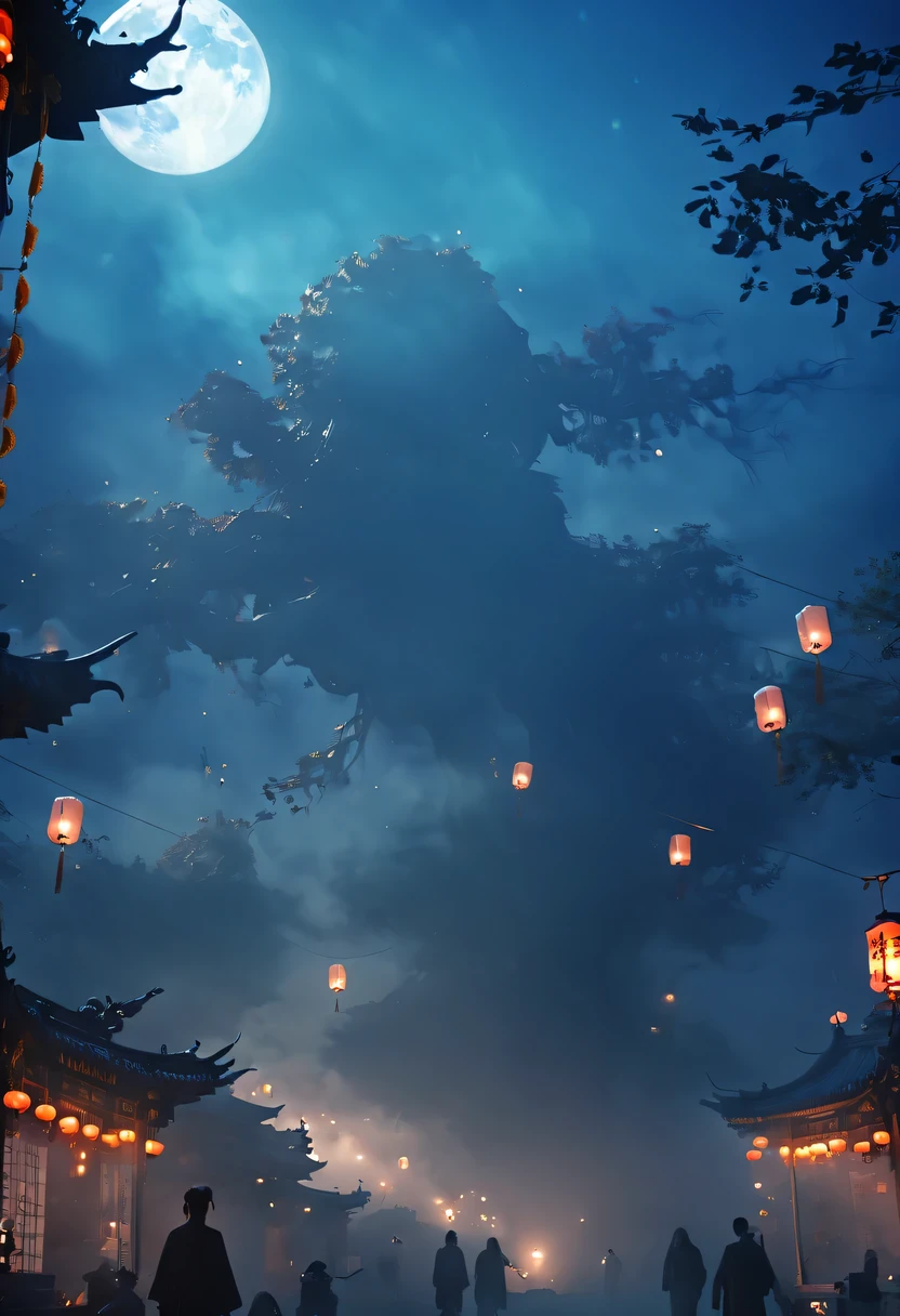 Chinese Ghost Festival，nakahara universe，ghostly aura，Night street chiaroscuro，Detailed depiction of eerie tree branch textures，Transparent ghosts float in the smoke，Lanterns hanging from trees，There are flowers on it, shaded lighting，background bokeh，depth of field，soft light,aesthetic lighting, dim lights，peaceful yet scary atmosphere，Mysterious and dark，Detailed lighting effects，Soft color transitions，Strange place，it&#39;s foggy， Space-time misalignment，reincarnation flip。 turn things upside down，There is no light from the sun or the moon， confusing and ridiculous，nightmare again and again。 Mysterious and unreal，phantom， gothic shadow，shrouded in all directions。 cyberpunk， the dark forest，heterogeneous space， Hidden countless unknown secrets，Forgotten souls wandering in the night。