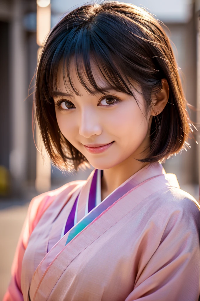 masterpiece, (realistic:1.5), realistic eyes, japanese woman, highest quality, beautiful lighting, professional lighting, photon mapping, radio city, Physically based rendering,, kamado nezuko, 1 girl, black hair, amount, hair ribbon, kimono, kimono, colorful hair, open your mouth, brown eyes, pink kimono, pink ribbon, ribbon, smile, very short hair, null, ((I'm old)),, (RAW photo, 8K UHD, film grain)