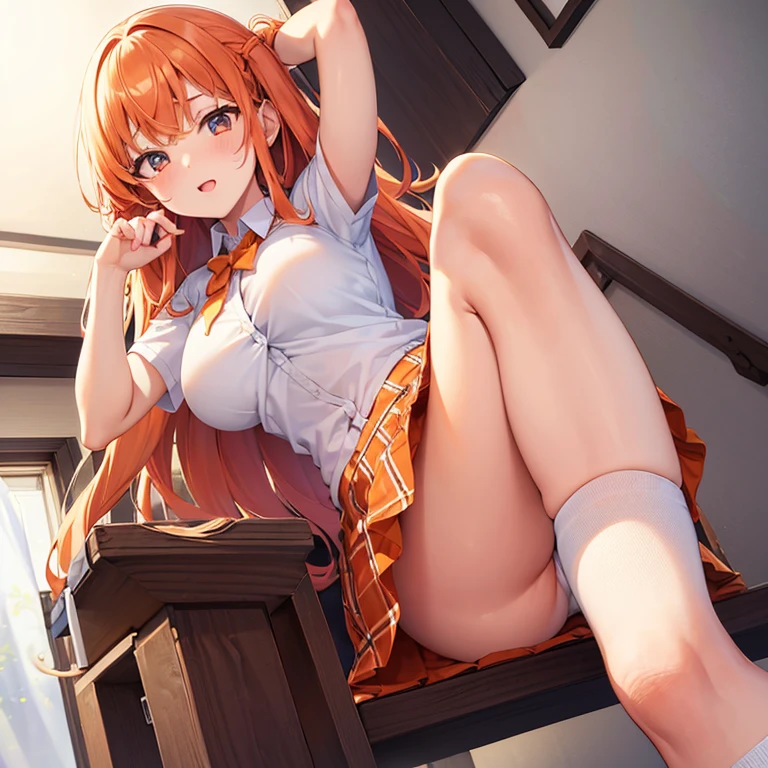 One girl, masterpiece, cute girl, spread legs, from below, white underwear, orange hair, long hair, school uniform, white shirt, orange tartan check short skirt, white knee high socks, pussy juice, large breasts, detail, 4k, sexy, good pupil, 4k, detailed