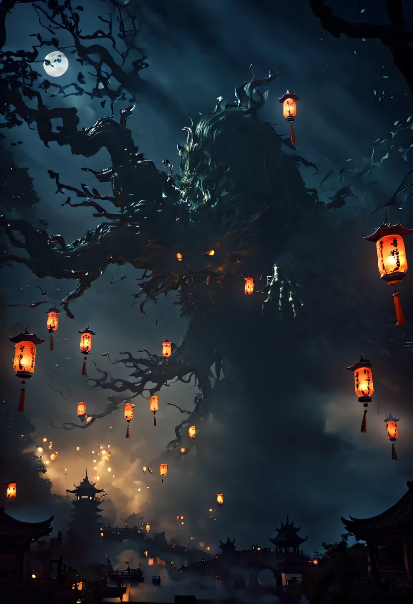 Chinese Ghost Festival，nakahara universe，ghostly aura，Night street chiaroscuro，Detailed depiction of eerie tree branch textures，Transparent ghosts float in the smoke，Lanterns hanging from trees，There are flowers on it, shaded lighting，background bokeh，depth of field，soft light,aesthetic lighting, dim lights，peaceful yet scary atmosphere，Mysterious and dark，Detailed lighting effects，Soft color transitions，Strange place，it&#39;s foggy， Space-time misalignment，reincarnation flip。 turn things upside down，There is no light from the sun or the moon， confusing and ridiculous，nightmare again and again。 Mysterious and unreal，phantom， gothic shadow，shrouded in all directions。 cyberpunk， the dark forest，heterogeneous space， Hidden countless unknown secrets，Forgotten souls wandering in the night。