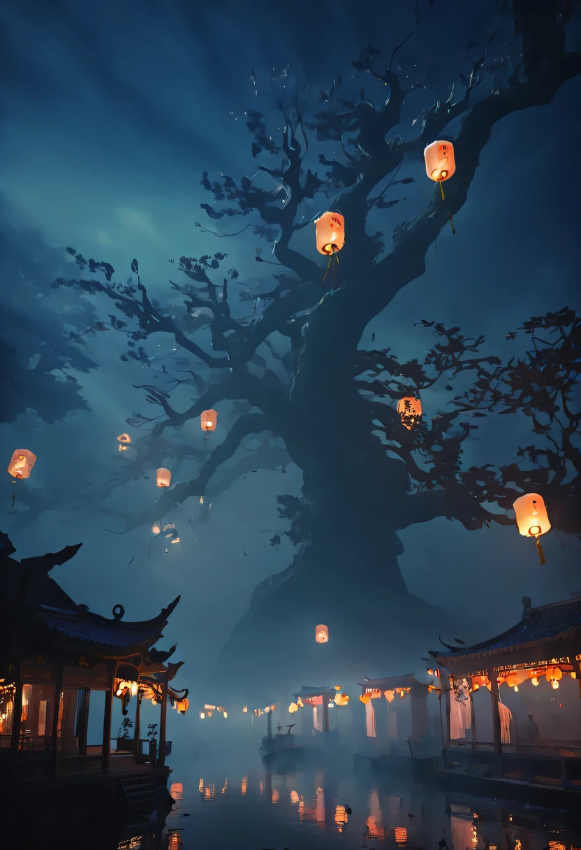 Chinese Ghost Festival,nakahara universe,ghostly aura,Night street chiaroscuro,Detailed depiction of eerie tree branch textures,Transparent ghosts float in the smoke,Lanterns hanging from trees,There are flowers on it, shaded lighting,background bokeh,depth of field,soft light,aesthetic lighting, dim lights,peaceful yet scary atmosphere,Mysterious and dark,Detailed lighting effects,Soft color transitions,Strange place,it's foggy, Space-time misalignment,reincarnation flip。 turn things upside down,There is no light from the sun or the moon, confusing and ridiculous,nightmare again and again。 Mysterious and unreal,phantom, gothic shadow,shrouded in all directions。 cyberpunk, the dark forest,heterogeneous space, Hidden countless unknown secrets,Forgotten souls wandering in the night。