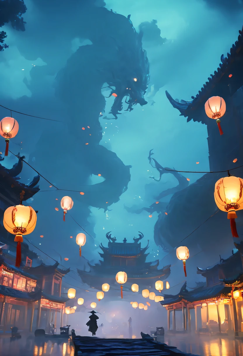 Chinese Ghost Festival,nakahara universe,ghostly aura,Night street chiaroscuro,Detailed depiction of eerie tree branch textures,Transparent ghosts float in the smoke,Lanterns hanging from trees,There are flowers on it, shaded lighting,background bokeh,depth of field,soft light,aesthetic lighting, dim lights,peaceful yet scary atmosphere,Mysterious and dark,Detailed lighting effects,Soft color transitions,Strange place,it's foggy, Space-time misalignment,reincarnation flip。 turn things upside down,There is no light from the sun or the moon, confusing and ridiculous,nightmare again and again。 Mysterious and unreal,phantom, gothic shadow,shrouded in all directions。 cyberpunk, the dark forest,heterogeneous space, Hidden countless unknown secrets,Forgotten souls wandering in the night。and chinese lanterns