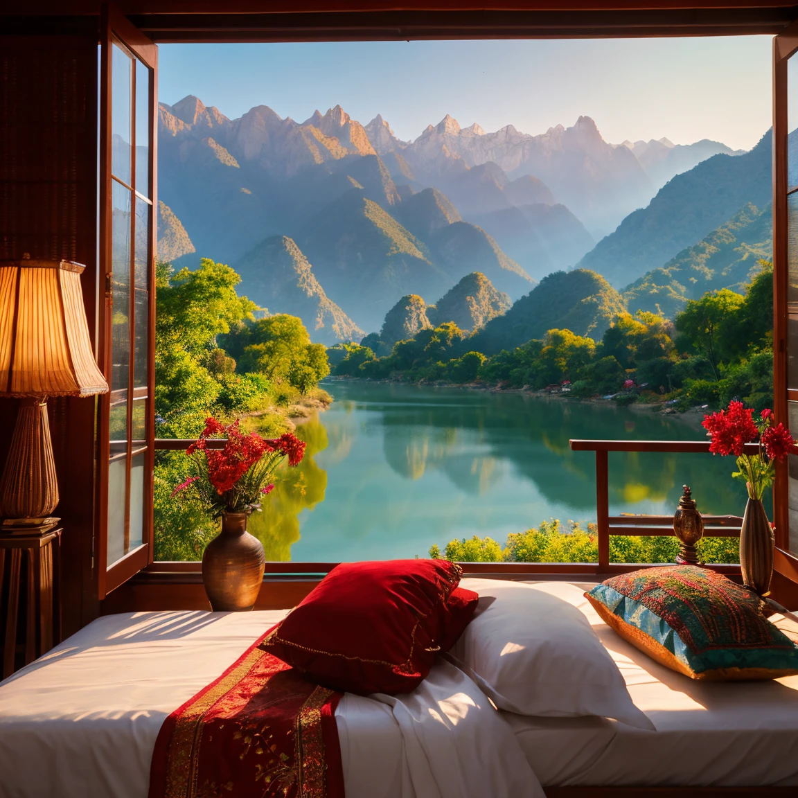 A realistic oil painting with light effects of a white-skinned Thai woman wearing a red embroidered sash with crystal earrings lies on a bed on the balcony of a Thai-style house in a quiet atmosphere. The backdrop is a morning view of mountains and a tranquil river. The picture is realistic, seriously beautiful, wide angle, 4K resolution.