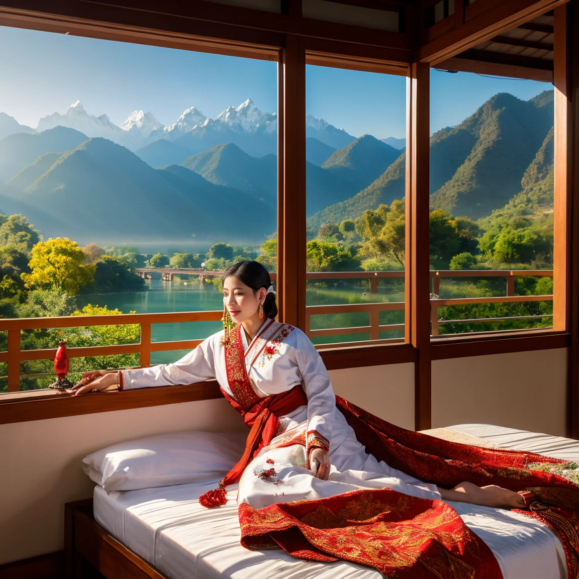 A realistic oil painting with light effects of a white-skinned Thai woman wearing a red embroidered sash with crystal earrings lies on a bed on the balcony of a Thai-style house in a quiet atmosphere. The backdrop is a morning view of mountains and a tranquil river. The picture is realistic, seriously beautiful, wide angle, 4K resolution.