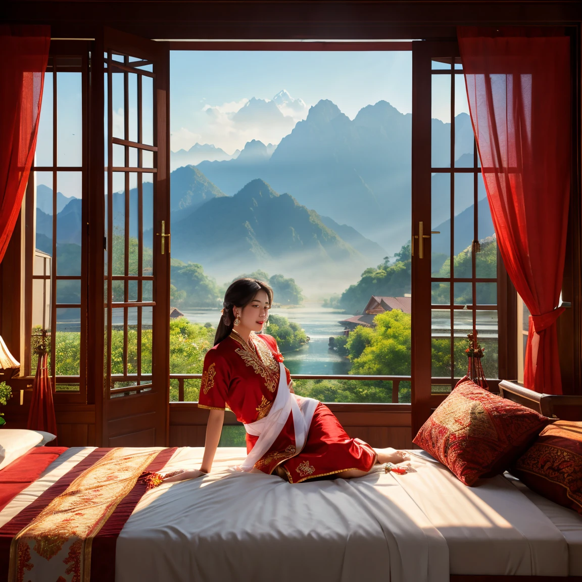 A realistic oil painting with light effects of a white-skinned Thai woman wearing a red embroidered sash with crystal earrings lies on a bed on the balcony of a Thai-style house in a quiet atmosphere. The backdrop is a morning view of mountains and a tranquil river. The picture is realistic, seriously beautiful, wide angle, 4K resolution.