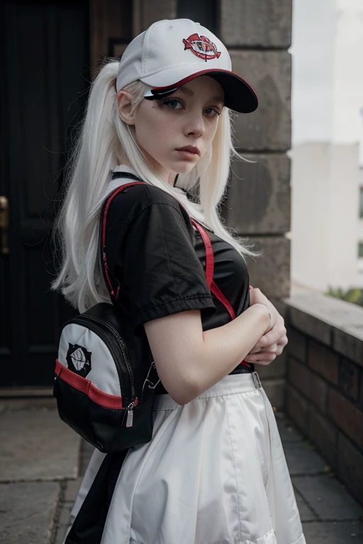 Realista,cuerpo entero, foto, Albino, pale skin, pelo blanco, 18 year old skinny girl in black and red gothic clothes and pokemon cap, lleva mallas, mochila y gorra de pokemon, pechos medianos, Tik Tok, hermoso, Instagram, Peter Lindbergh