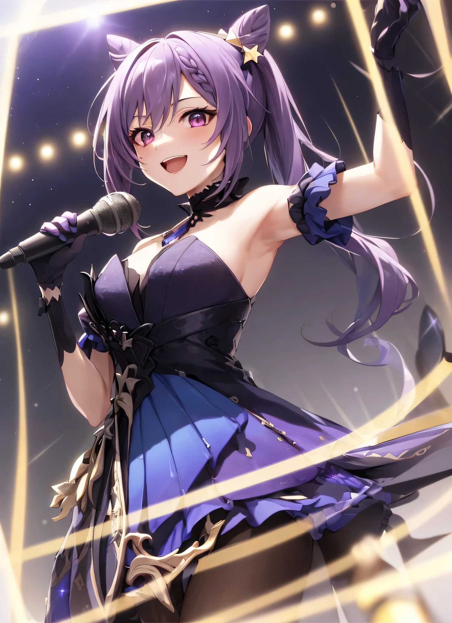 masterpiece, best quality, hyper-detailed, 8k resolution, RAW photo, gorgeous face, perfect body, 18yo, Neck turtle, happy, purple hair, smile, night, kissed face, stars on the sky, wearing opulent splendor, singing with microphone, karaoke room background, small colorful song notes in sky