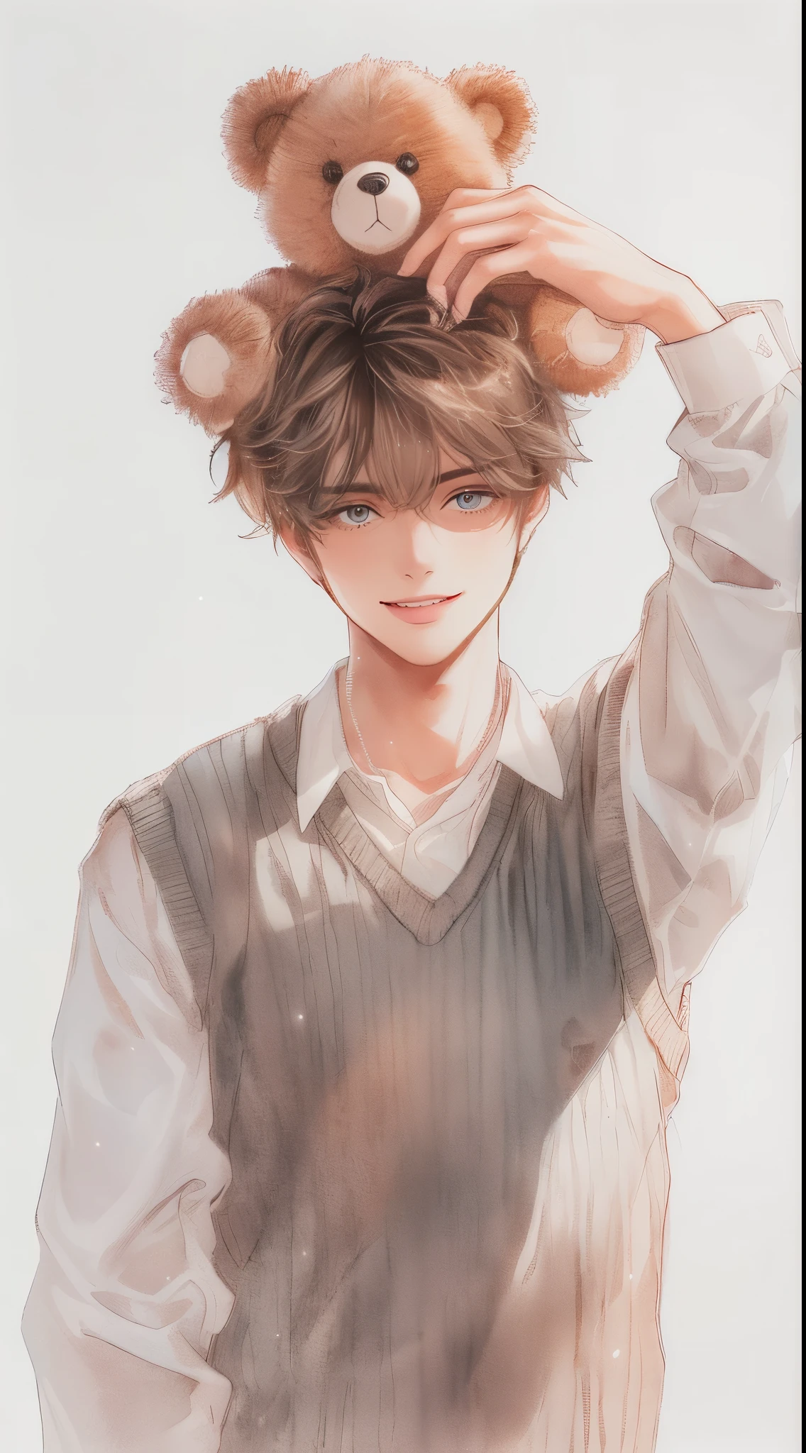 Beautiful young man, brown fluffy hair, gentle smile, sparkling eyes, light gray vest sweater, white shirt, teddy bear on head with both hands, white background reflects character's shadow,Japanese anime, Clear line drawing, transparent watercolor, clear shading, high quality, amount of drawing, pixiv illustration