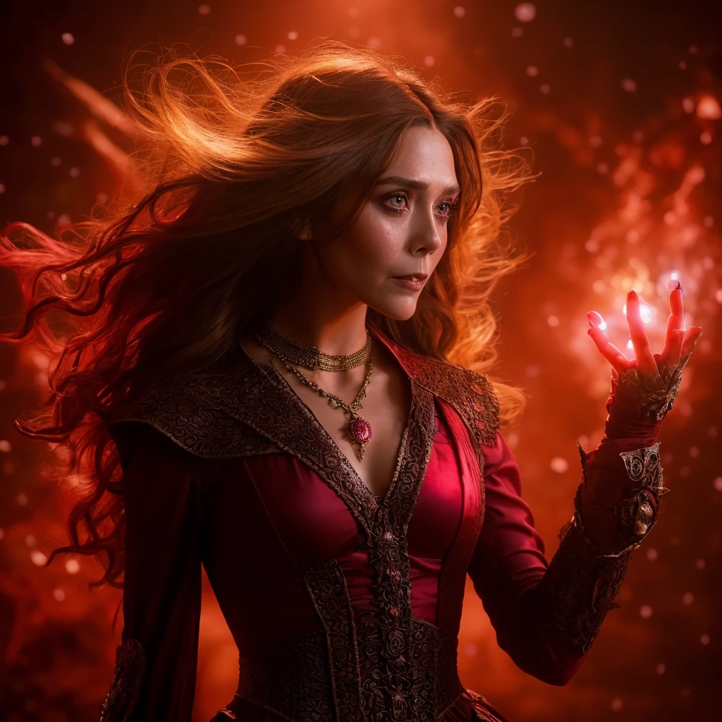 una mujer vestida de cuero rojo sosteniendo una bola brillante, elizabeth olsen as bruja Escarlata, bruja Escarlata marvel, bruja Escarlata, emma watson as the bruja Escarlata, Wanda Maximoff, bruja Escarlata costume, erin moriarty as bruja Escarlata, red and cinematic lighting, maya ali como d&hechicero, Maya Ali como D&hechicero