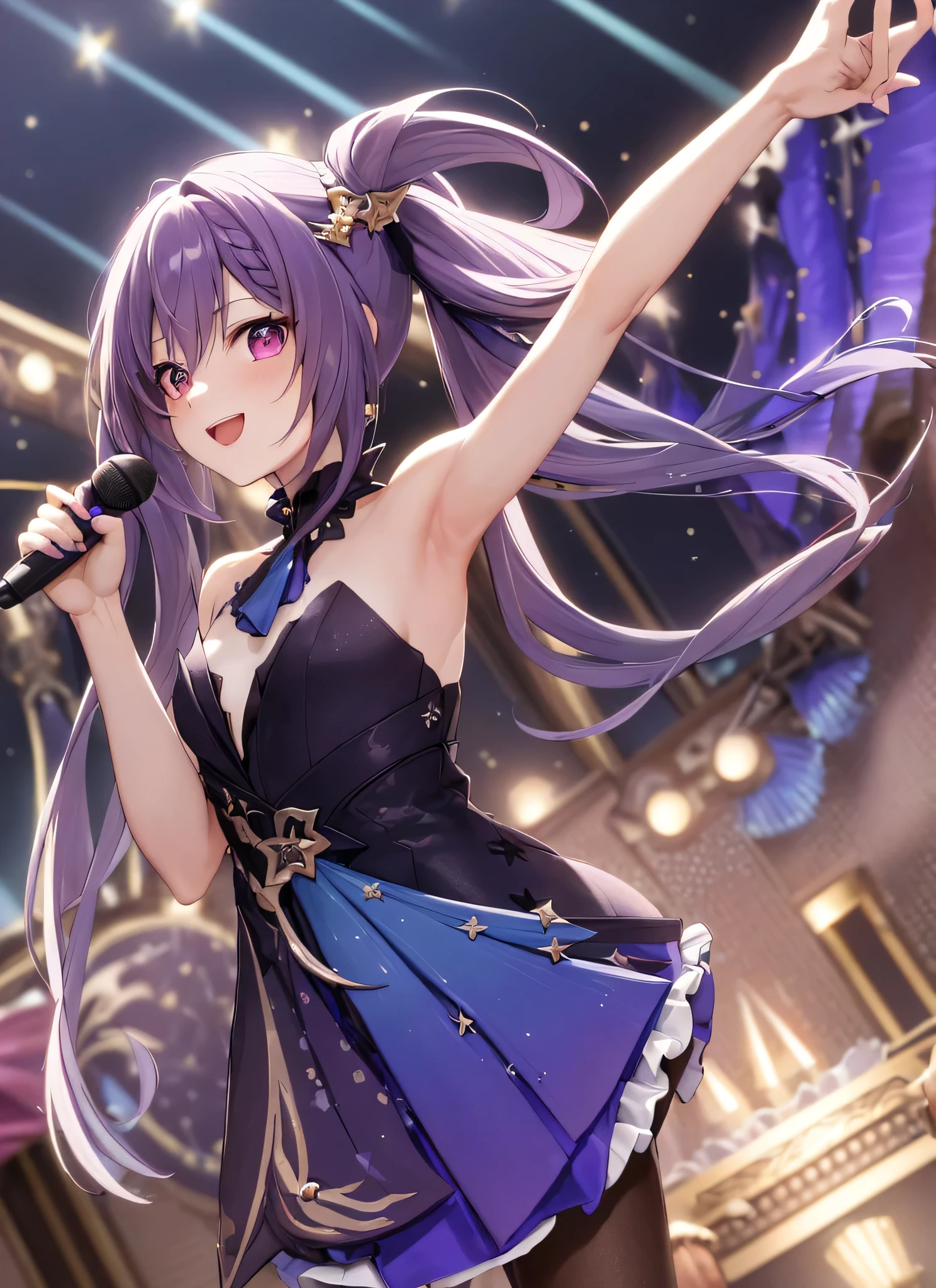 masutepiece, High resolution, 8K, anime woman, Delicate and detailed writing 、Detailed digital illustration、(((Straight hair、Pigtails)))、((very long lilac hair))、Bangs、a very beautiful woman、Eyes are double, Large, Bust is an A cup、High image quality, High quality、Detailed background、(((Wearing idol clothes)))、((Glittering live stage backdrop))、The inside of the eye shines like a diamond、Gradient pupil、(((2 arms、4 fingers, 1 thumb)))、Detailed female face、Very beautiful and cute woman、、细致背景、​masterpiece、Soft Focus , Bright gradient watercolor , Lens Flare , (((Glitter))) , Glow , Dreamy , (((Holding the microphone in her hand)))、a miniskirt、Idol、Lilac ribbon、Very beautiful purple rose hair accessories、Purple and gold costume with white as the main color、(((Macroeye))、Little woman