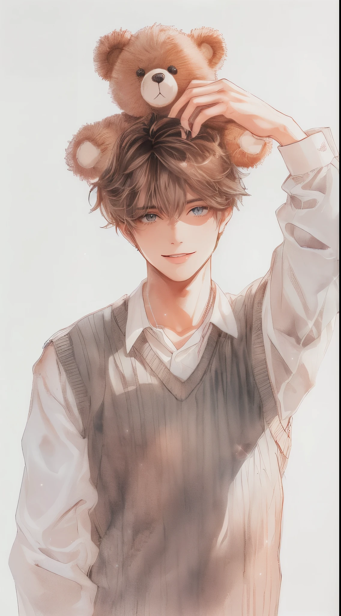 Beautiful young man, brown fluffy hair, gentle smile, sparkling eyes, light gray vest sweater, white shirt, teddy bear on head with both hands, white background reflects character's shadow,Japanese anime, Clear line drawing, transparent watercolor, clear shading, high quality, amount of drawing, pixiv illustration
