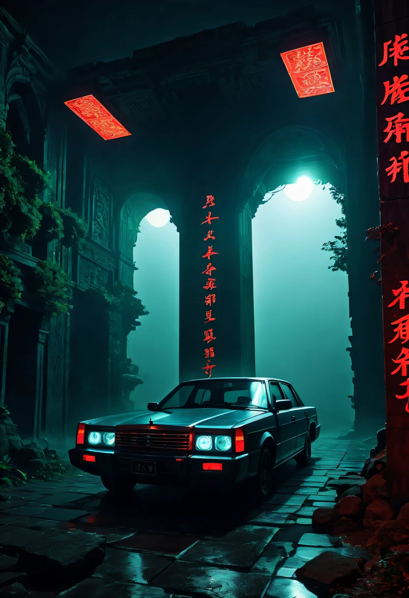 Strange place，it&#39;s foggy， Space-time misalignment，reincarnation flip。 turn things upside down，There is no light from the sun or the moon， confusing and ridiculous，nightmare again and again。 Mysterious and unreal，phantom， gothic shadow，shrouded in all directions。 cyberpunk，Neon flashing， City of machinery，The pinnacle of technology。 the dark forest，heterogeneous space， Hidden countless unknown secrets。 it&#39;it&#39;s here，Humanity is no longer the master， Forgotten souls wandering in the night。 high-rise building，Steel Jungle， Covered the stars and moon。 it&#39;it&#39;s here，time has lost its meaning， Just endless darkness and chaos。 exploring，Unravel the mystery， Facing unknown fears and challenges。 在这Strange place，Look for a silver lining， 或许是唯一能摆脱黑暗哥特与cyberpunk纠缠的方法。Catacombs：1.37.（（（神秘的东方Catacombs，Catacombs，majestic、spacious、majestic的景观））），Red car suspended in the air，Chinese sedan，dim lights，intricately carved stone walls，The mysterious atmosphere is scary，Supernatural powers。
