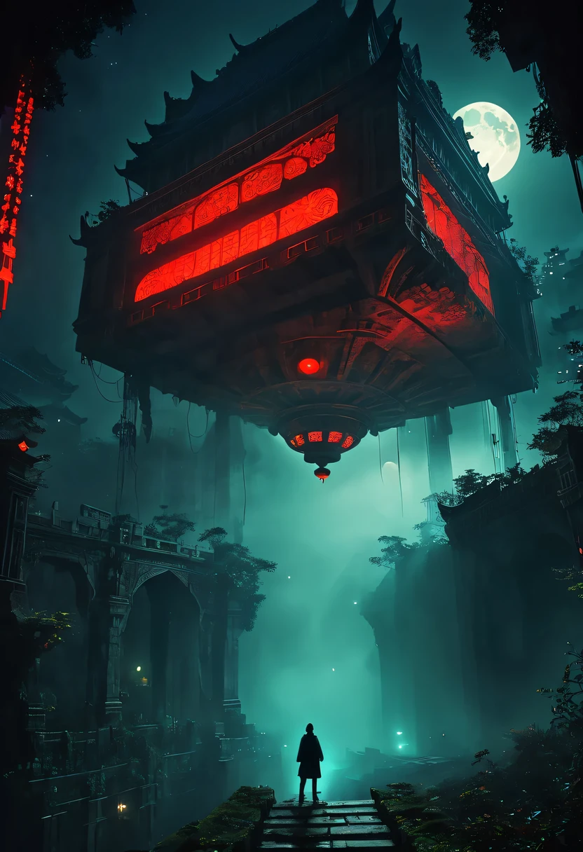 Strange place,it's foggy, Space-time misalignment,reincarnation flip。 turn things upside down,There is no light from the sun or the moon, confusing and ridiculous,nightmare again and again。 Mysterious and unreal,phantom, gothic shadow,shrouded in all directions。 cyberpunk,Neon flashing, City of machinery,The pinnacle of technology。 the dark forest,heterogeneous space, Hidden countless unknown secrets。 it'it's here,Humanity is no longer the master, Forgotten souls wandering in the night。 high-rise building,Steel Jungle, Covered the stars and moon。 it'it's here,time has lost its meaning, Just endless darkness and chaos。 exploring,Unravel the mystery, Facing unknown fears and challenges。 在这Strange place,Look for a silver lining, 或许是唯一能摆脱黑暗哥特与cyberpunk纠缠的方法。Catacombs:1.37.(((神秘的东方Catacombs,Catacombs,majestic、spacious、majestic的景观))),Red car suspended in the air,Chinese sedan,dim lights,intricately carved stone walls,The mysterious atmosphere is scary,Supernatural powers。
