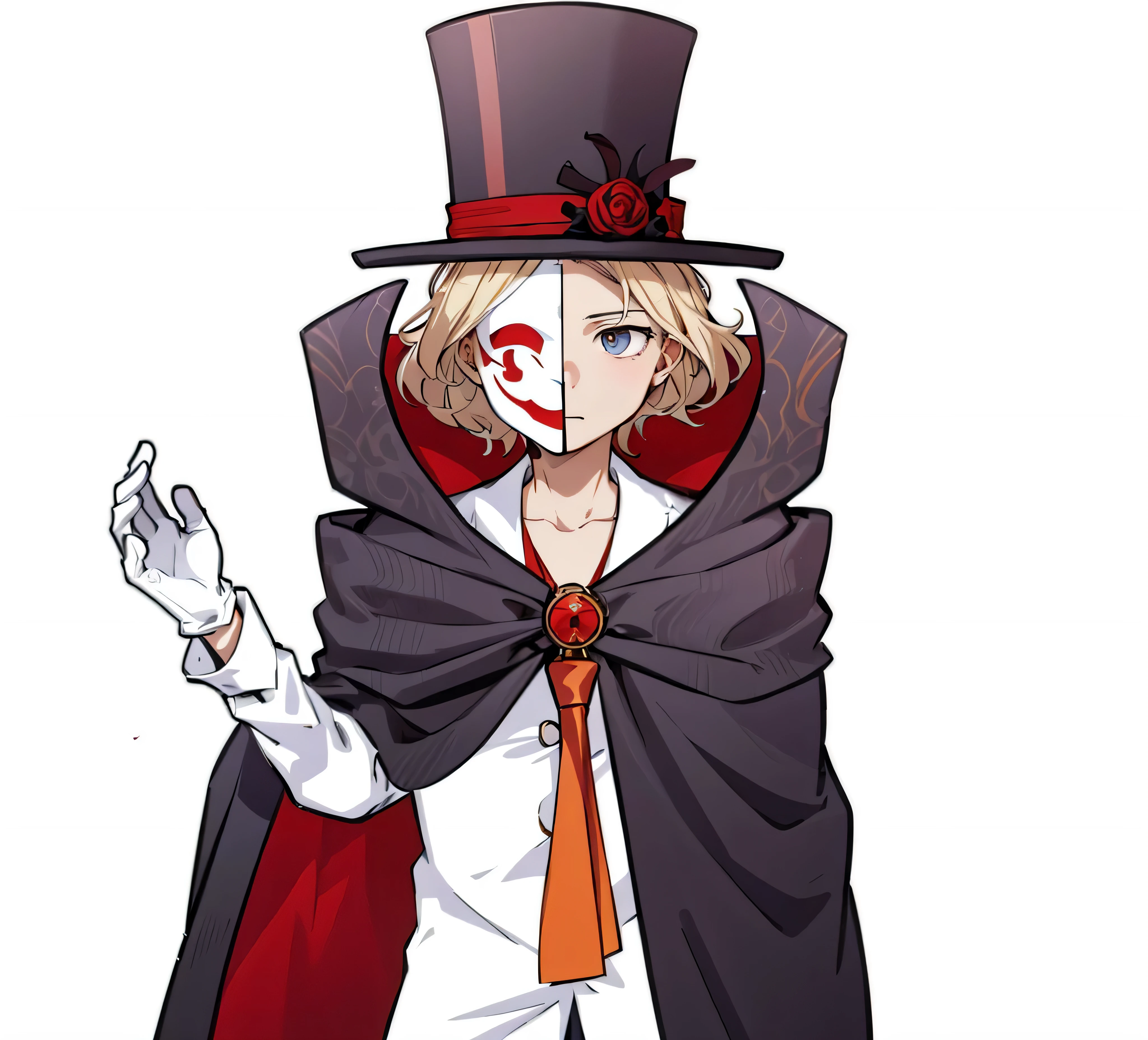 a tall young man with very fair skin and wavy golden-platinum blonde hair., His face is covered with a white mask with red features., wears a white long-sleeved shirt with undone orange cufflinks., short white gloves, Simple Double Layer Gold Amber Tie and Black Pants. Over his clothing, he wears a multi-colored purple flowing cape with a red back and bottom with faint cosmic patterns and a red cloth sun with eight curved rays.., holding the cloak together. He also wears a top hat with the same colored pattern., like his cloak, and red lace with the same sun symbol, tied to him. For shoes, he wears a pair of brown shoes with segmented lines, black sole and stripes with two black buttons.