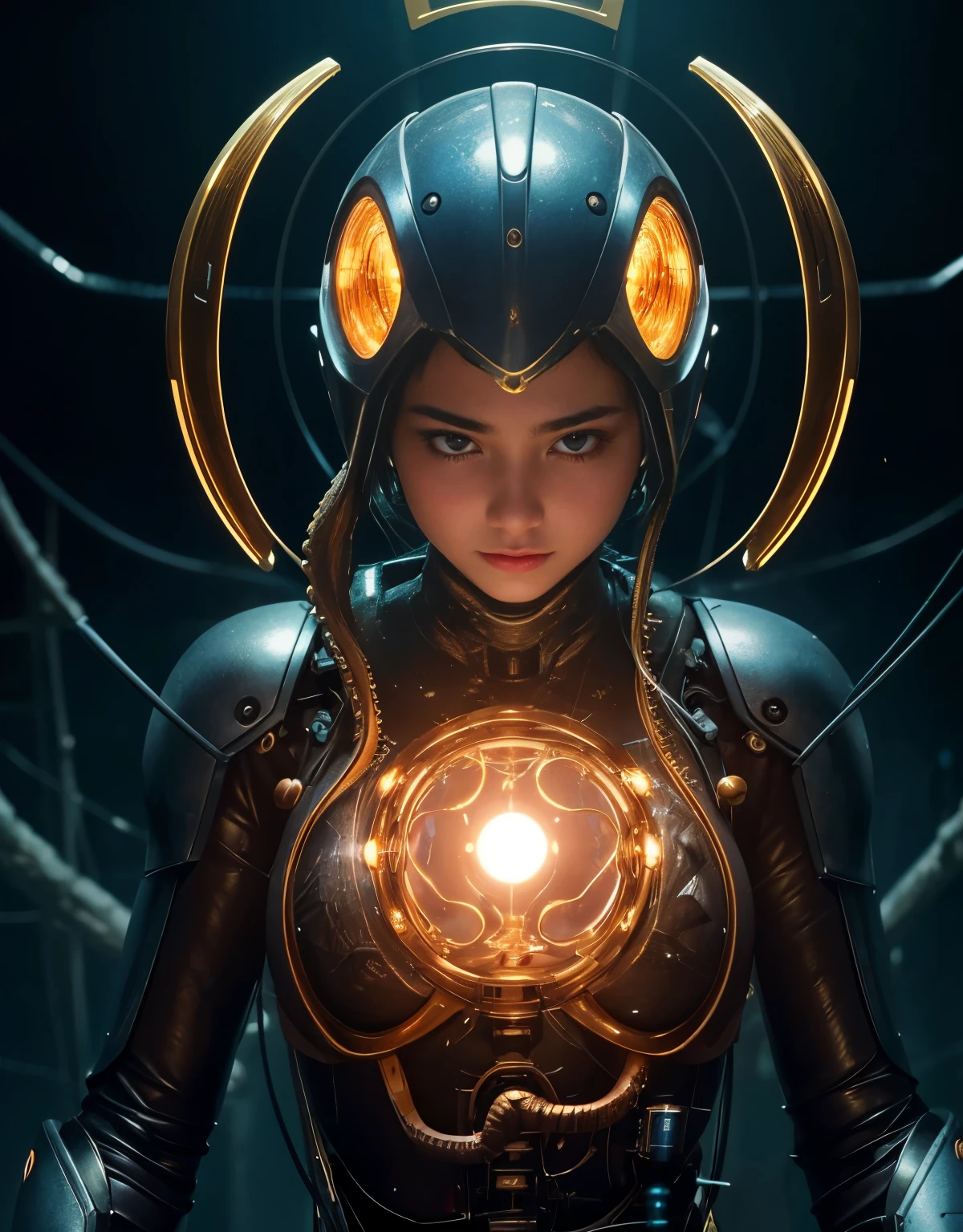 (Background of skimpy mechanical girl and octopus alien)、（Mystical expression）、highest quality、masterpiece、Super high resolution、(Photoreal:1.4)、RAW photo、1 girl、glowing skin、detailed face、(((1 Mechanical Girl)))、Heavy chest、（gold metal bodysuit）、(Natural alien background to fight aliens)、(Small LED)、((Super realistic details))、vertical giant monster background),global illumination、Shadow、octane rendering、24K、super sharp、robotの背景、big breasts、Raw skin exposed in the cleavage、intricate decorative details、Japan details、very intricate details、realistic light、(Mystical expression),CG Society Trenlow Eyes、Eyes shining towards the camera、Mechanical marginal blood vessels connected to neon detail tubes)、(Wires and cables connecting to the head)、Small LED、,mechanical thighs、two stock、（Hands are also made of machines）、robot、future alien、Please wear a mechanical helmet、transparent face guard on helmet、16K,