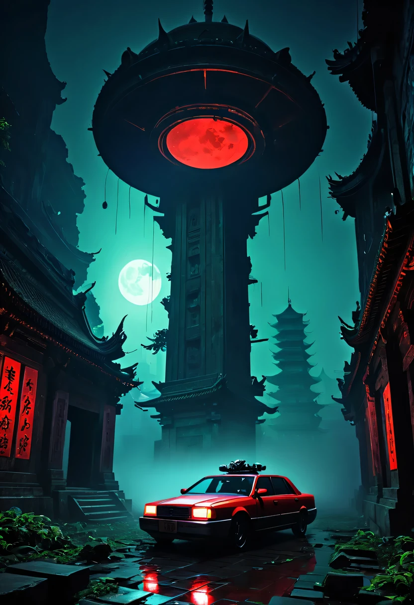 Strange place,it's foggy, Space-time misalignment,reincarnation flip。 turn things upside down,There is no light from the sun or the moon, confusing and ridiculous,nightmare again and again。 Mysterious and unreal,phantom, gothic shadow,shrouded in all directions。 cyberpunk,Neon flashing, City of machinery,The pinnacle of technology。 the dark forest,heterogeneous space, Hidden countless unknown secrets。 it'it's here,Humanity is no longer the master, Forgotten souls wandering in the night。 high-rise building,Steel Jungle, Covered the stars and moon。 it'it's here,time has lost its meaning, Just endless darkness and chaos。 exploring,Unravel the mystery, Facing unknown fears and challenges。 在这Strange place,Look for a silver lining, 或许是唯一能摆脱黑暗哥特与cyberpunk纠缠的方法。Catacombs:1.37.(((神秘的东方Catacombs,Catacombs,majestic、spacious、majestic的景观))),Red car suspended in the air,Chinese sedan,dim lights,intricately carved stone walls,The mysterious atmosphere is scary,Supernatural powers。