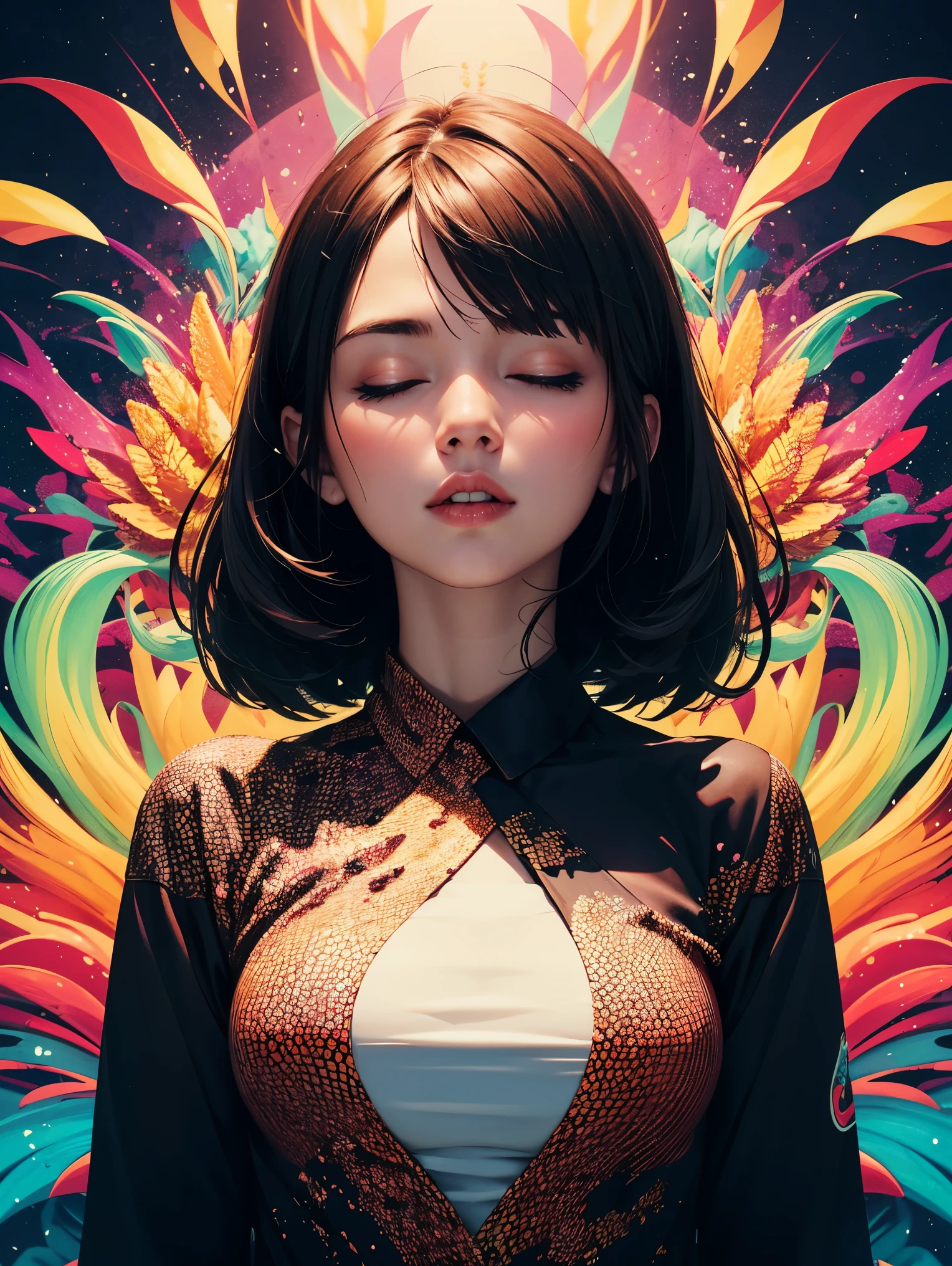 masterpiece,Best quality,1 girl,closed eyes,Upper body,splatter,abstract,psychedelic,neon,(honeycomb pattern),(creative:1.3),Si3,UN,fantasy00d,