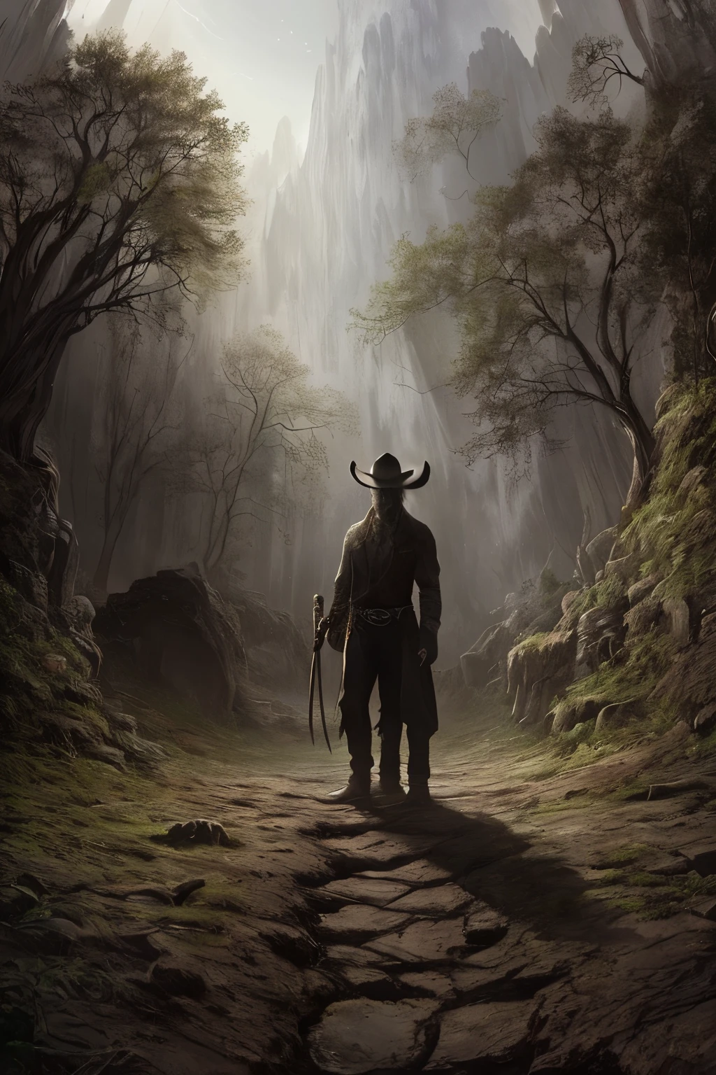In the sanctum of the dead of night, an aura of unease pervades the land as mist ascends from the earth below. The scene is graced by a haunting cowboy figure, his face replaced by an abyssal void. With an unyielding grip, the cowboy holds aloft a partially melted skull, his hollow eyes locked onto it as if in deep contemplation. Suspended above the ground, the backdrop is graced by an antiquated oil painting. The painting's fading colors depict an ancient, crumbled well and a pair of well-worn footprints on a winding, ethereal path. The path, etched in the