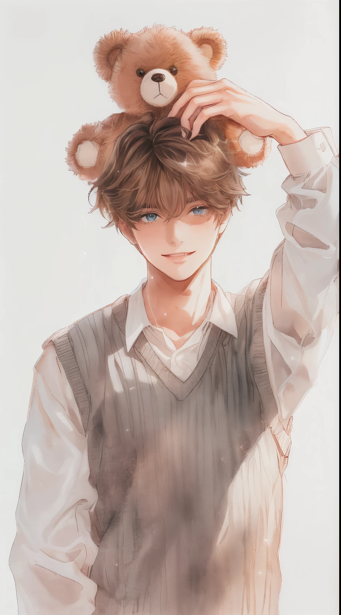 Beautiful young man, brown fluffy hair, gentle smile, sparkling eyes, light gray vest sweater, white shirt, teddy bear on head with both hands, white background reflects character's shadow,Japanese anime, Clear line drawing, transparent watercolor, clear shading, high quality, amount of drawing, pixiv illustration