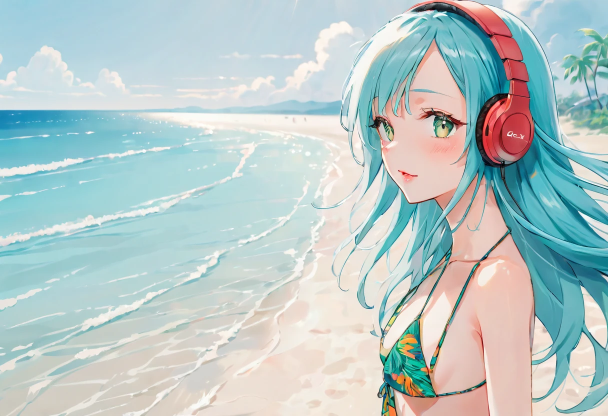 A woman with long cyan-blue hair is walking on the beach, looking back and reaching out for you to join her. She's dressed in a tropical-colored swimsuit cover-up and bikini, sporting red lipstick and a slight blush, she is wearing headphones. She has green eyes, shining with Life. The weather and lighting are serene, with a clear sky and small clouds above