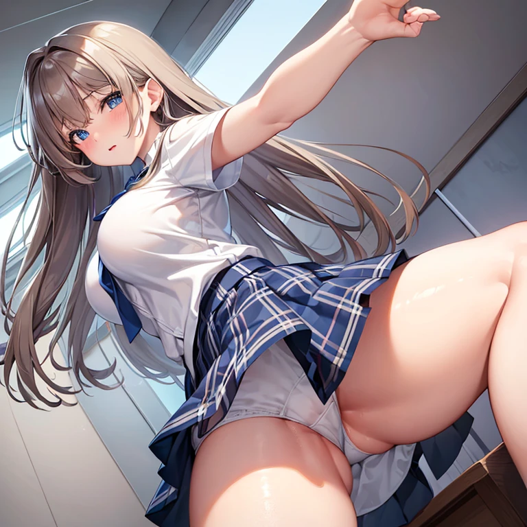 One girl, masterpiece, cute girl, looking back, white underwear, from below, bronze hair, long hair, school uniform, white shirt, blue tartan check short skirt, white knee high socks, pussy juice, large breasts, detail, 4k, sexy, good pupil, 4k, detailed