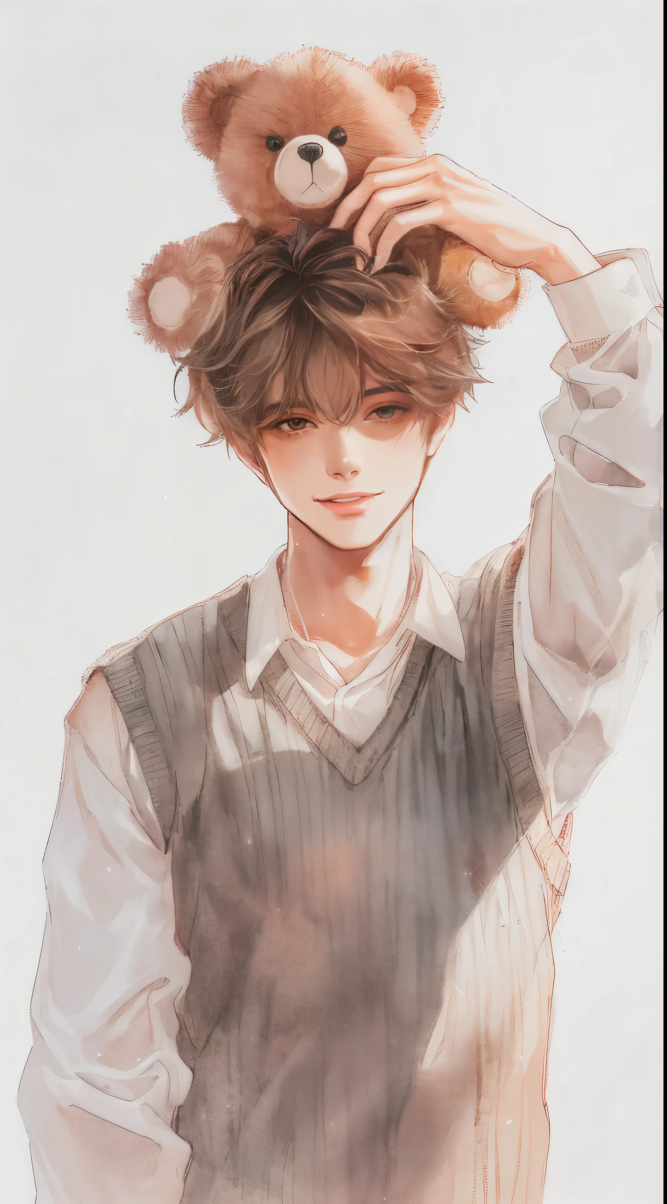 beautiful young man, brown fluffy hair, gentle smile, sparkling eyes, light gray vest sweater, white shirt, Teddy bear on head with both hands, The white background reflects the character's shadow,Japanese anime, clear line drawing, transparent watercolor, clear shading, high quality, Amount to draw, pixiv illustration