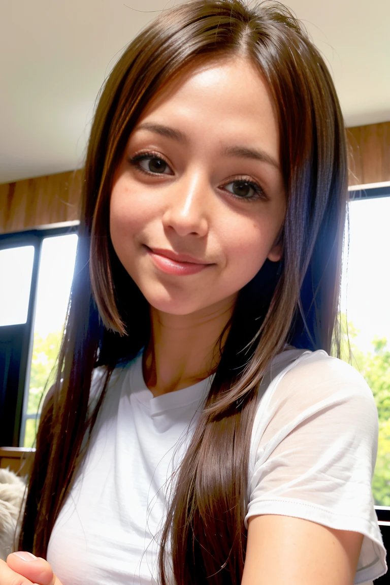 One girl, Japanese, cute sister, semi-long hair, brown hair color, clothes are sexy clothes, selfie, background is outside view, upper body only, face is close, realistic girl, smiling at us, highest quality image,