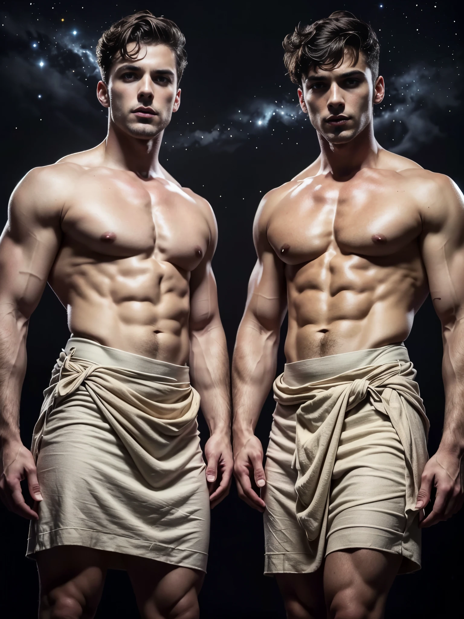 Photorealistic, twins, ((best quality)), ((masterpiece)), (detailed),masculine portrait of geminis, personificatioin of GEMINIS, (idenitcal twins:1.45), alike twins, looking exactly the same twins, (clone twins:1.8), (clones:1.5), 18-year-old male twins models, handsome, tall, cute looking twins, evil look, dark look, powerful, 2 young identical male twins, handsome models, super strong, muscular, fit, massive muscles, six pack, clean shave, green eyes. (short curly messy brown hair:1.2), messy curly hair, shirtless, barechested, muscule, ripped, strong body, fit body, brothers,ancient linen Greek small skirt, linen antique draped cloth skirt, highlands scotland, green fields, (Dark background:1.6) constellations, Mercury, galaxies, 8k, high detailed, ultra-detailed, Stylish Pose, real skin texture, dark cinematic lighting, ancient outerspace, constellation, galaxies, stars in the background