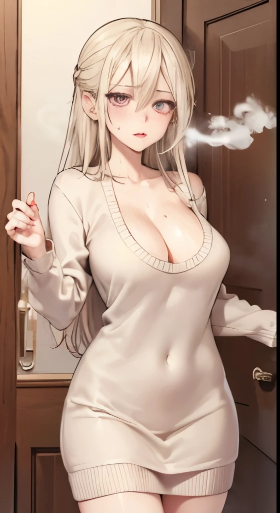 The entrance of the apartment、In front of the door、Invite、milf, beautiful woman、((sweat,steam, Vulgarity)), white long sweater dress、big cleavage、Sticky clothes、full shot, long hair、Makeup、Pink shiny lipstick、long shot, Beautiful depiction、detailed person、detailed background、Ultra High Definition Animation