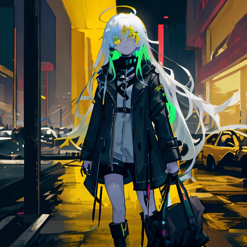 Gradient Long Hair，Black trench coat，cyberpunk，There&#39;s slime on you，shorts，whole body，handicapped，Single eyes，heterochromatic pupils，Angel ring on head，Looking into the distance in the night sky，Royal sister，cold