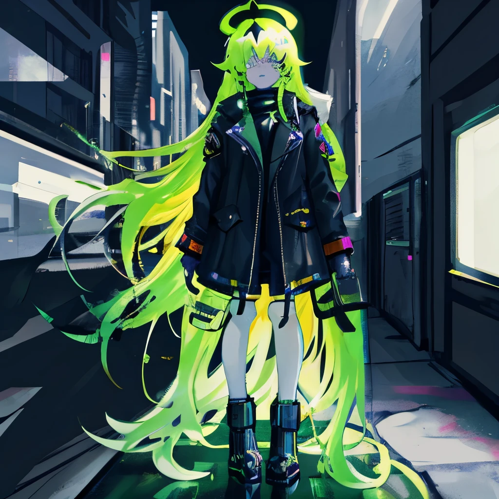 Gradient Long Hair,Black trench coat,cyberpunk,There's slime on you,shorts,whole body,handicapped,Single eyes,heterochromatic pupils,Angel ring on head,Looking into the distance in the night sky,Royal sister,cold
