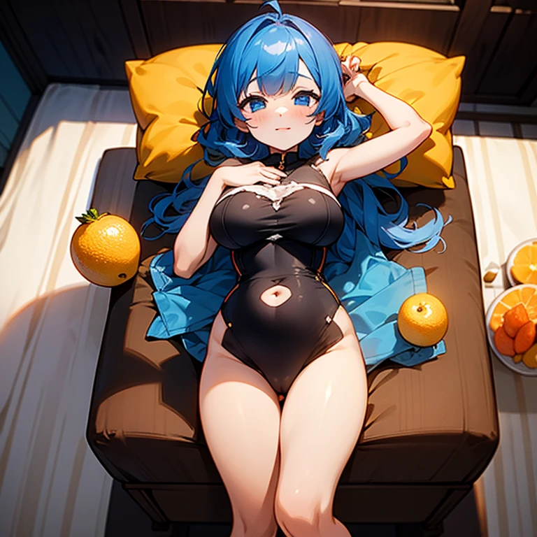 1 girl、solo、chest、Viewer's perspective、blush、long hair、bangs、blue eyes、belly button、big breasts、blue hair、Lying down、food、indoor、On your back、pillow、dining table、fruits、dining tableの上、curtain、plate、 strawberry、orange(fruits)、(body on hood)、lemons、lemonsスライス、kiwi(fruits)、naked 、(There's a parfait on top of my pussy.)、belly buttonの上にホイップクリーム乗っている、belly buttonの上にいちご乗っている、Putting whipped cream on your body、