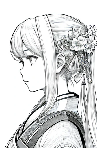 masterpiece, acura, 1 girl, alone, Hanfu, long hair, Profile close-up, flower line drawing background, white background, monochrome, line drawing, ((sketch))